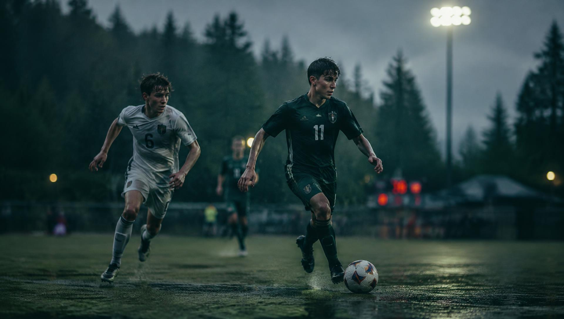 Youth soccer player dribbling under stadium lights
